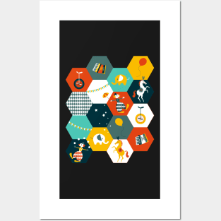 Hexagon Circus - turquoise-yellow-rusty red Posters and Art